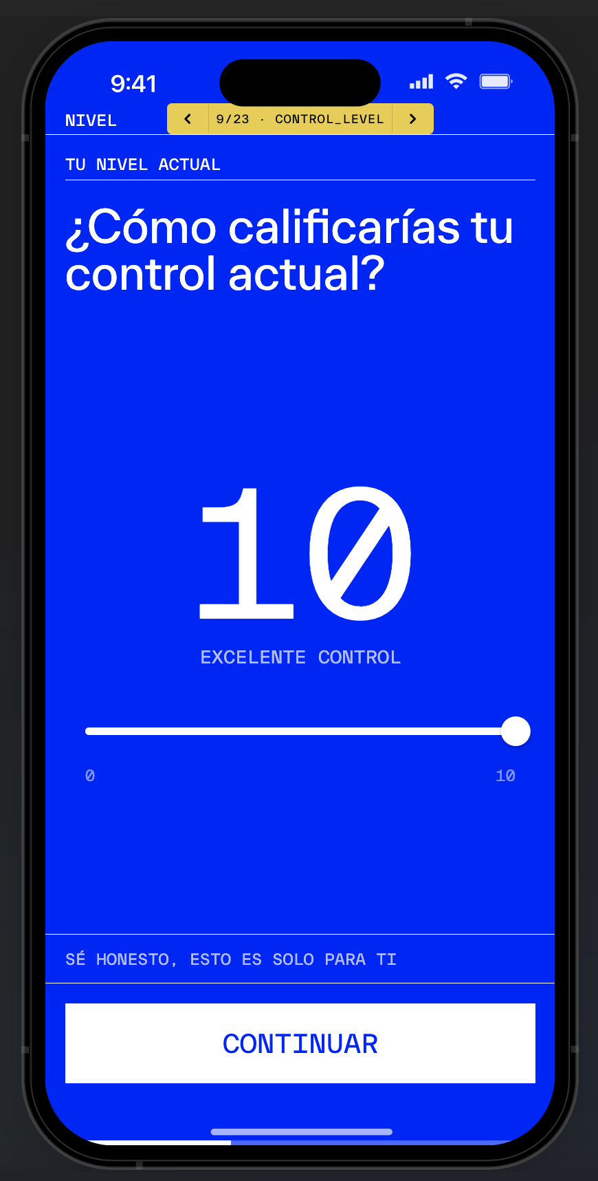 LAST control check-in showing a private zero-to-ten self-assessment